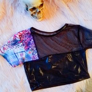 Sheer Short Sleeve Color Block Crop Top Size S